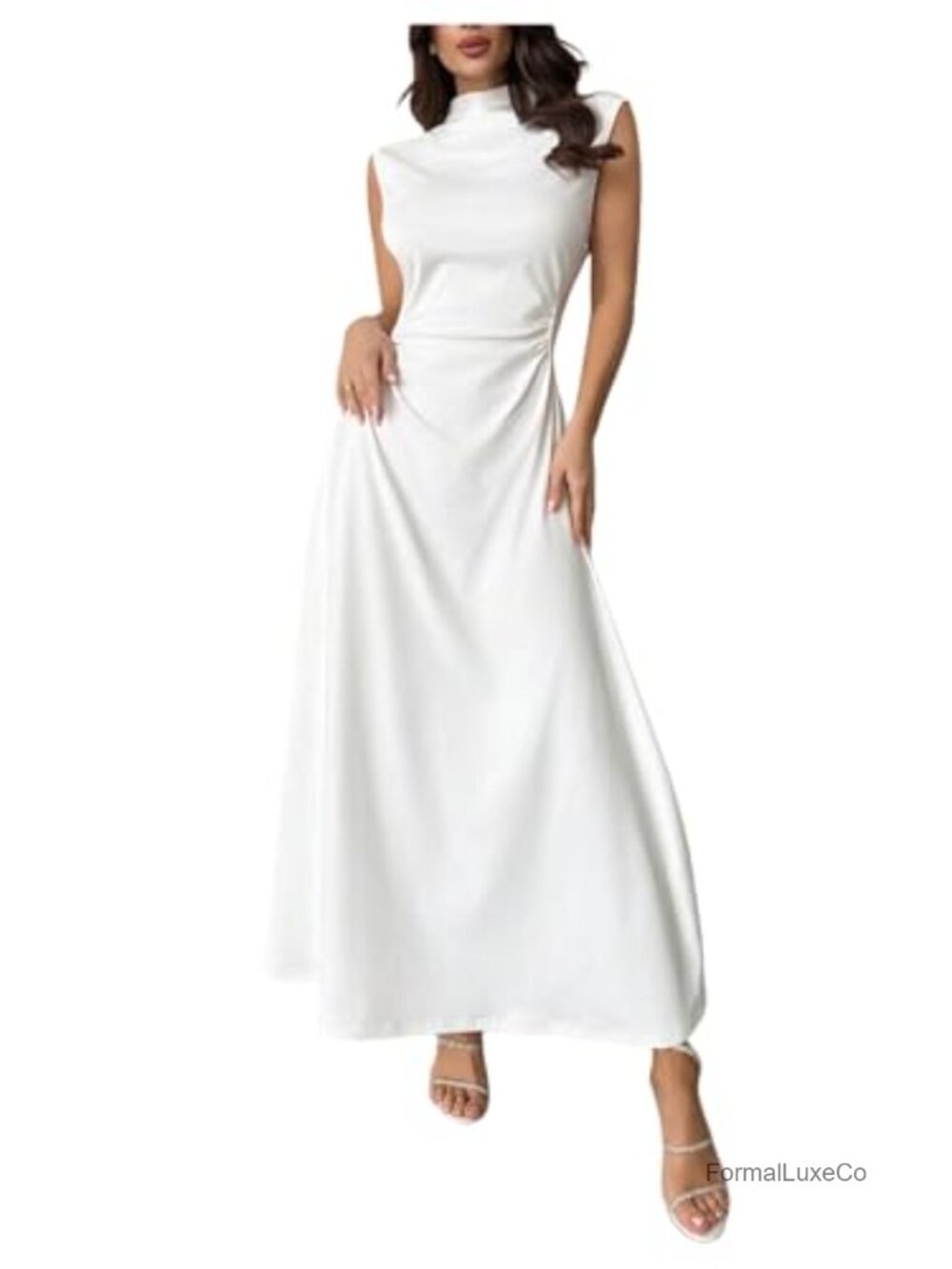 Women's Mock Neck Ruched Maxi Dress Sleeveless Formal Bridal Guest